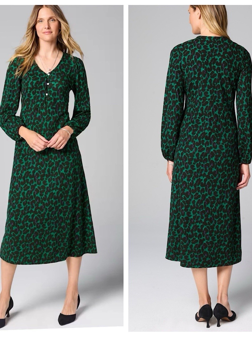 J. Jill Green and Black Animal Print Long Sleeve Midi Dress